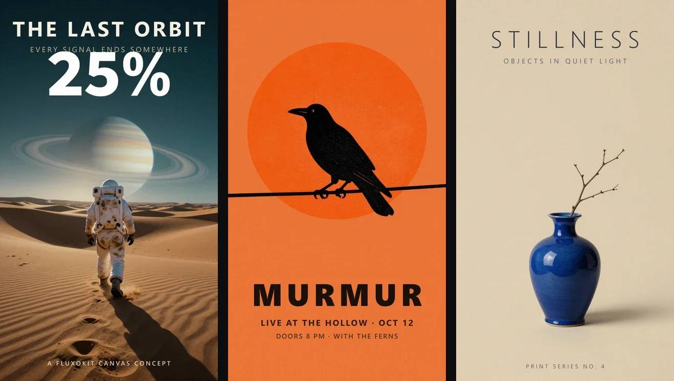 Three finished posters side by side: cinematic sci-fi key art, screen-print gig poster, and minimal gallery print, made on FluxoKit