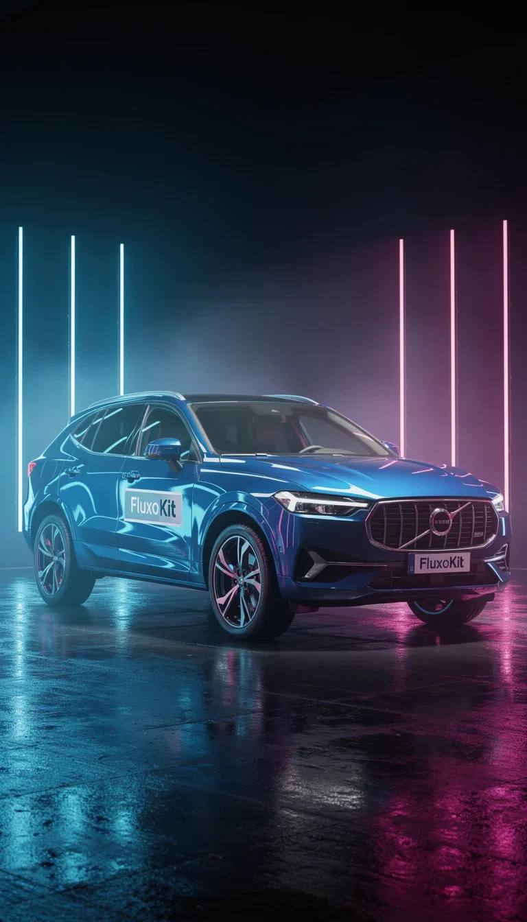 Blue SUV with a FluxoKit door decal in a neon-lit studio, AI product photo generated on FluxoKit