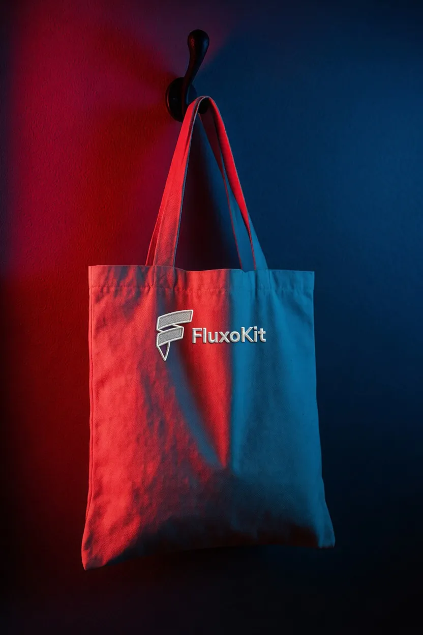 FluxoKit canvas tote bag hanging in dramatic red and blue split lighting, AI product photo generated on FluxoKit
