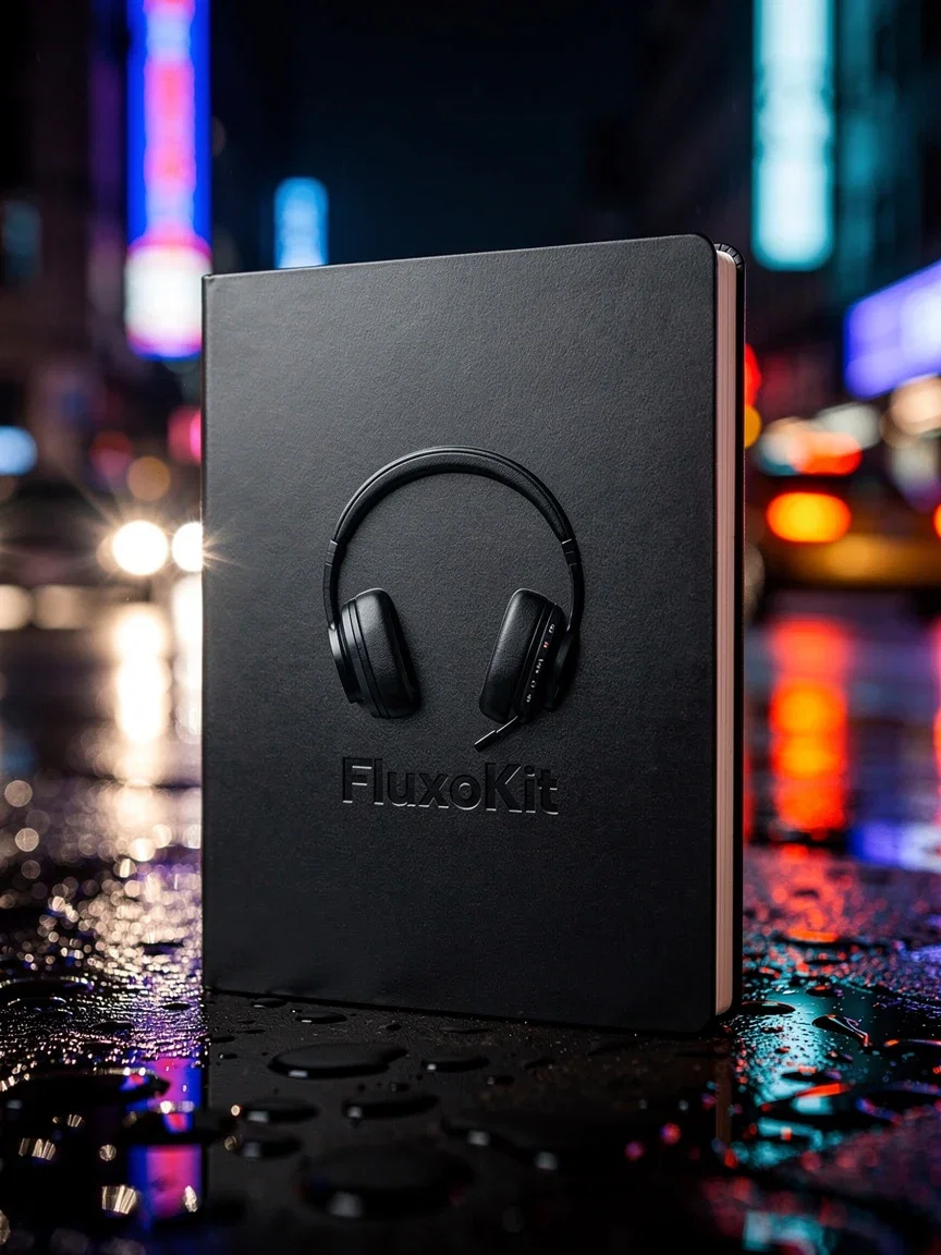 Notebook with an embossed FluxoKit headphone motif on a rain-lit night street, AI product photo on FluxoKit