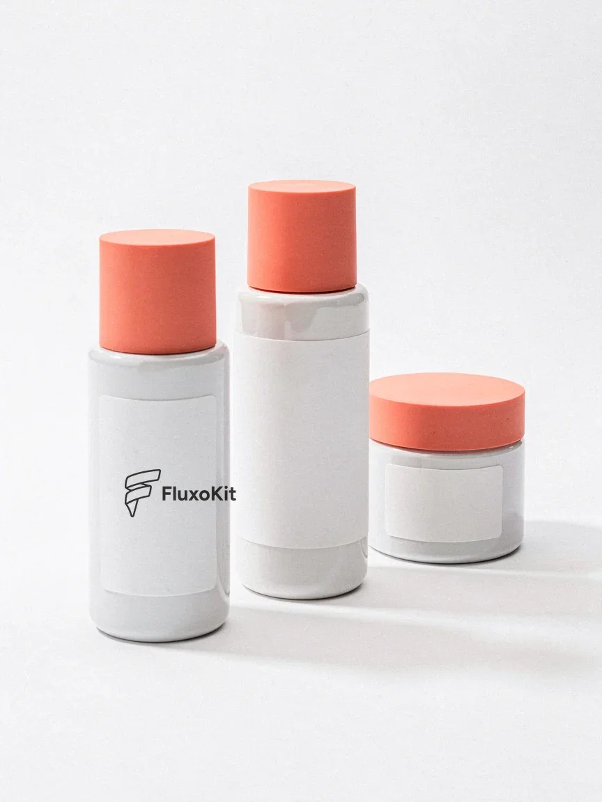 Three white skincare bottles with coral caps, the front label carrying the FluxoKit logo, studio product photo generated on FluxoKit