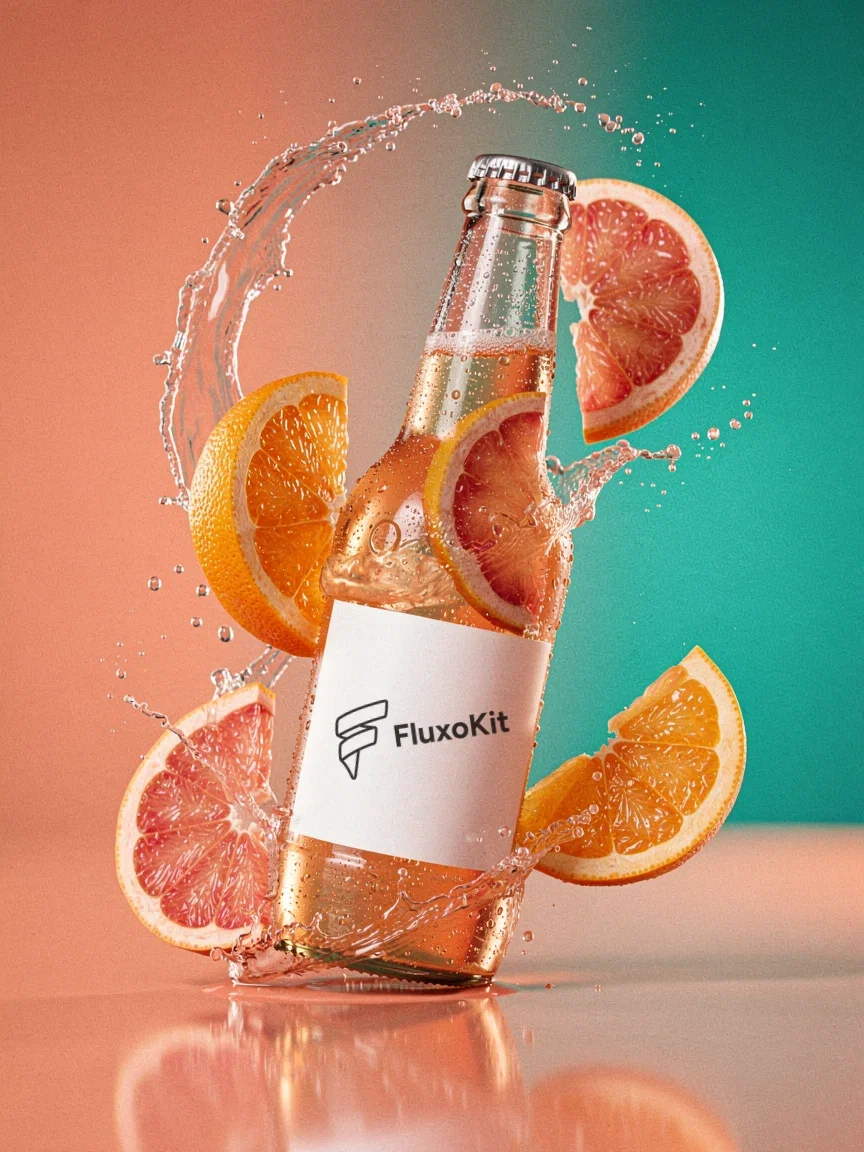 Grapefruit soda bottle in a water splash with the FluxoKit logo on its label, dynamic product hero generated on FluxoKit