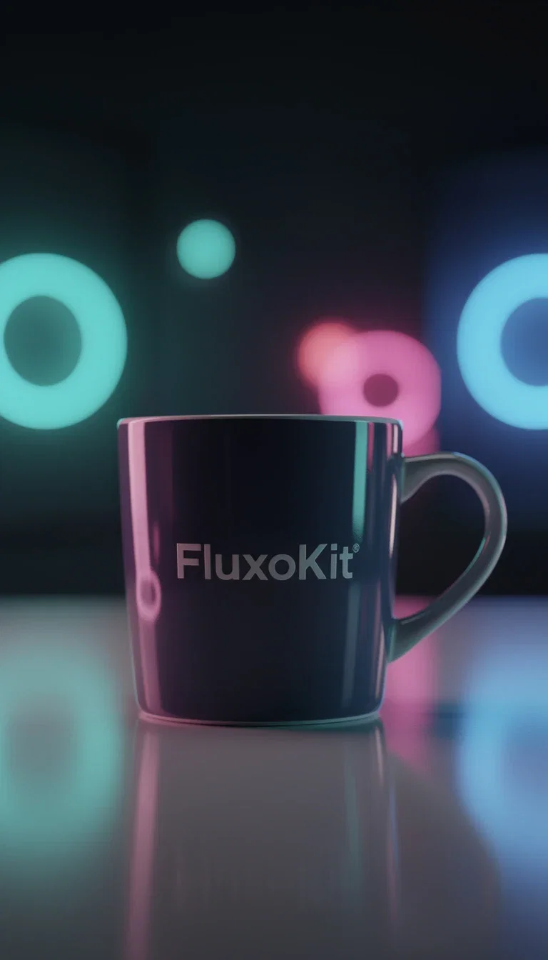 FluxoKit-branded ceramic mug photographed against moody neon bokeh, AI product photo generated on FluxoKit