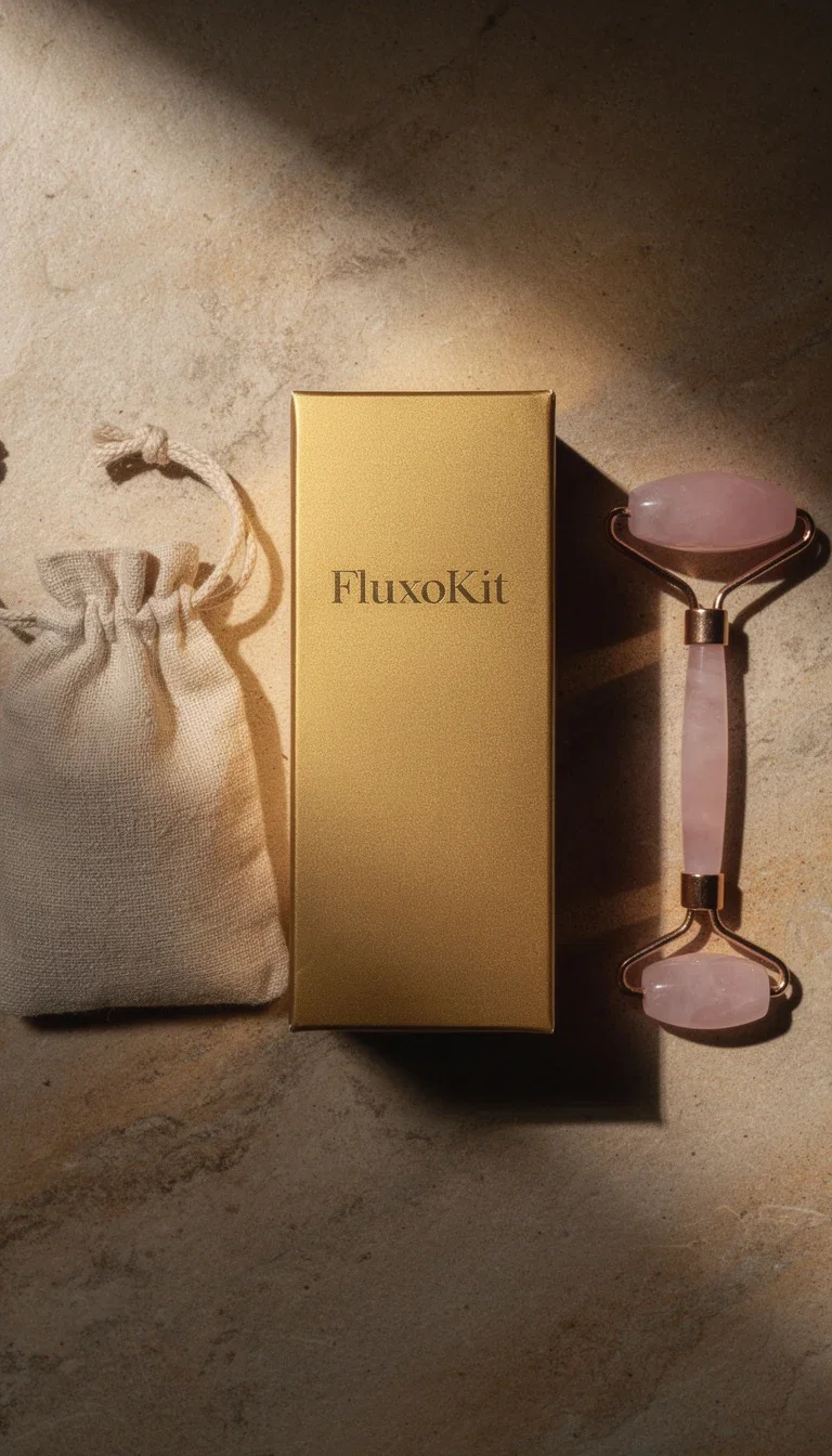 Minimal spa flat-lay with a gold-foil FluxoKit box, rose quartz roller, and linen pouch, AI product photo on FluxoKit