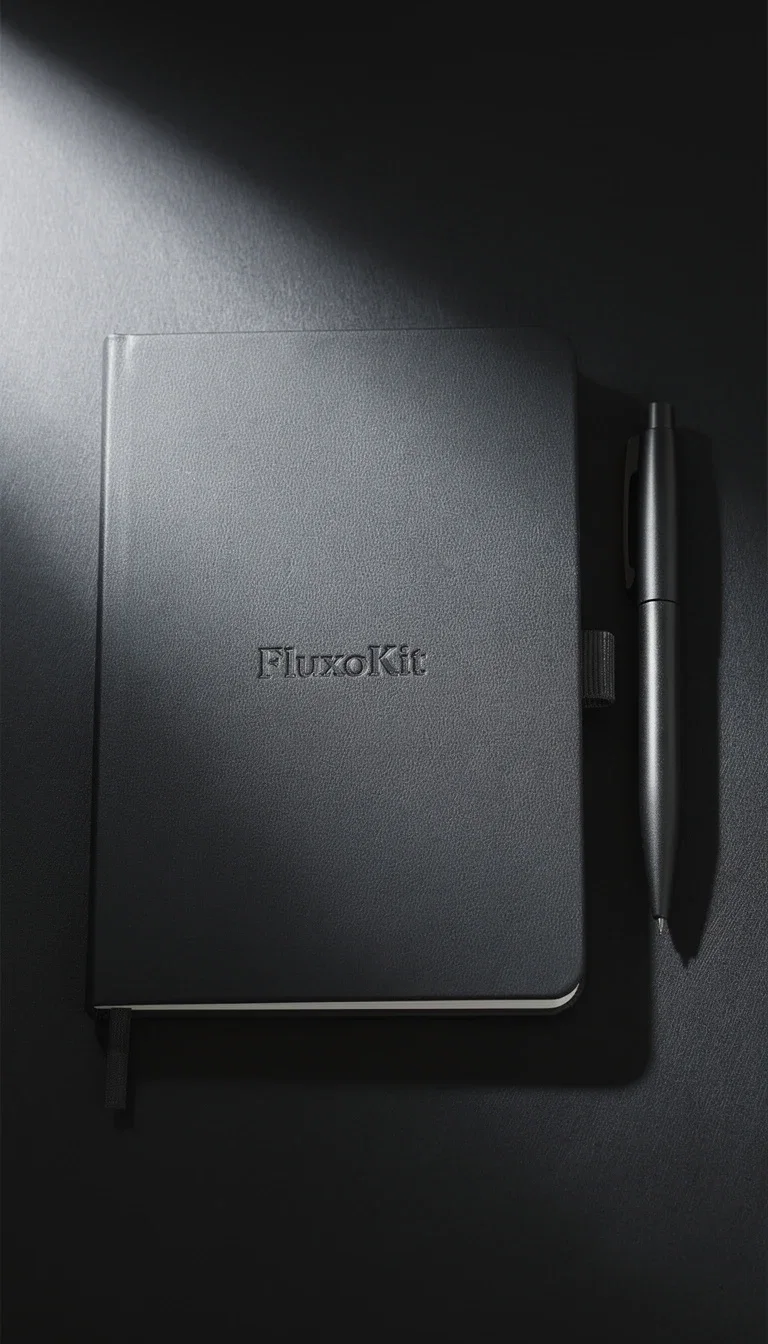 Charcoal notebook with embossed FluxoKit logo beside a pen, premium stationery hero shot generated on FluxoKit