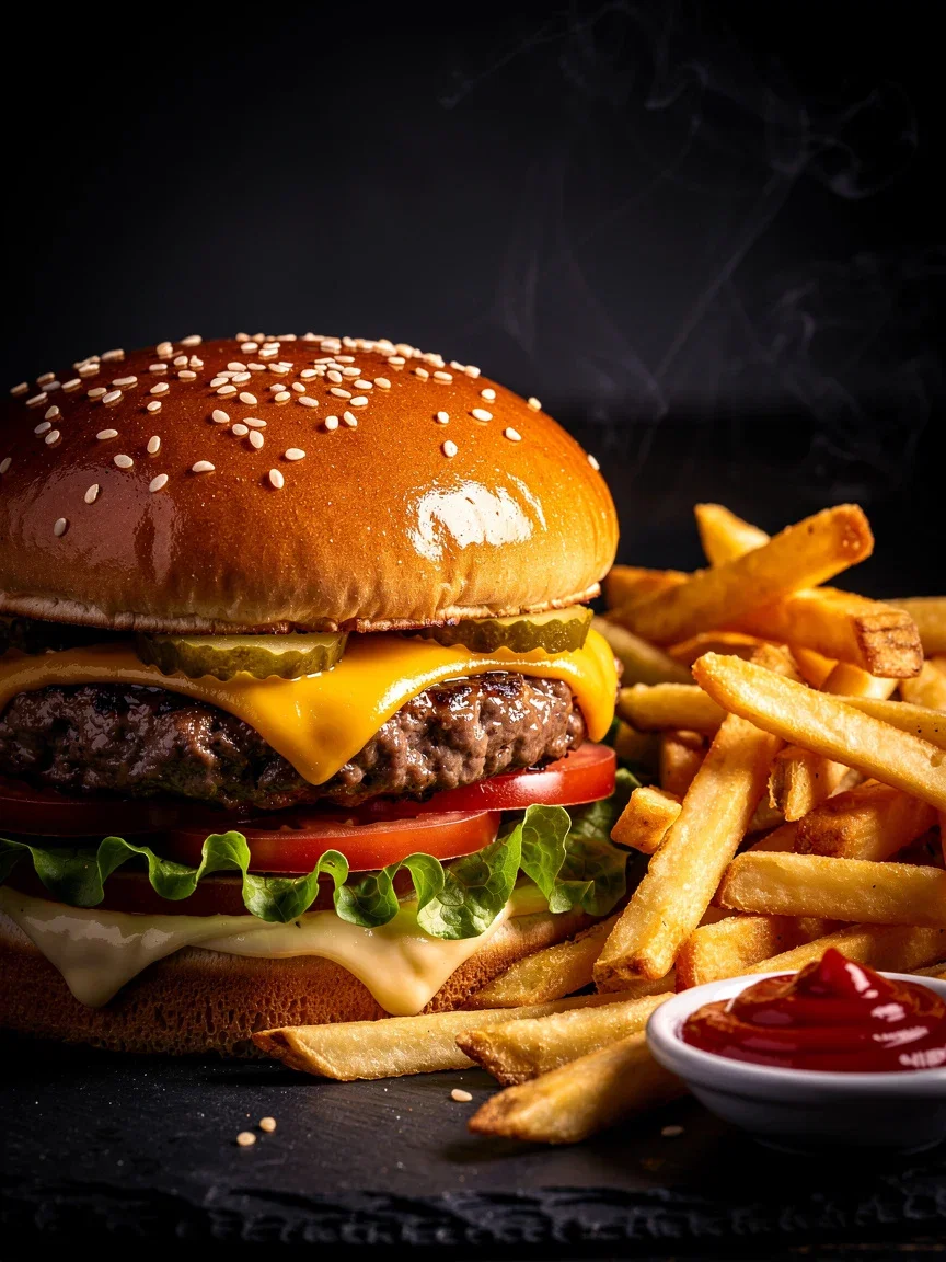 Cheeseburger and fries food hero shot on dark slate, generated on FluxoKit
