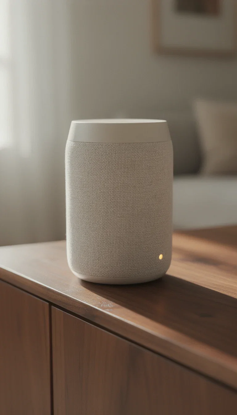 Fabric-wrapped smart speaker on a walnut sideboard in warm window light, a lifestyle product scene generated on FluxoKit