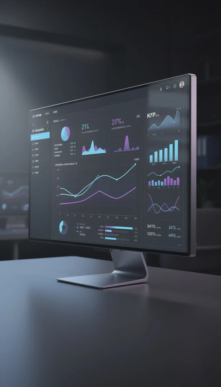 SaaS dashboard product shot rendered on a desktop display, generated on FluxoKit