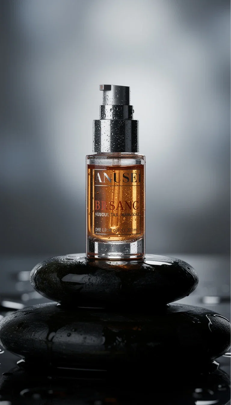 Skincare serum bottle packshot on wet stones, the still image a product video starts from, made on FluxoKit