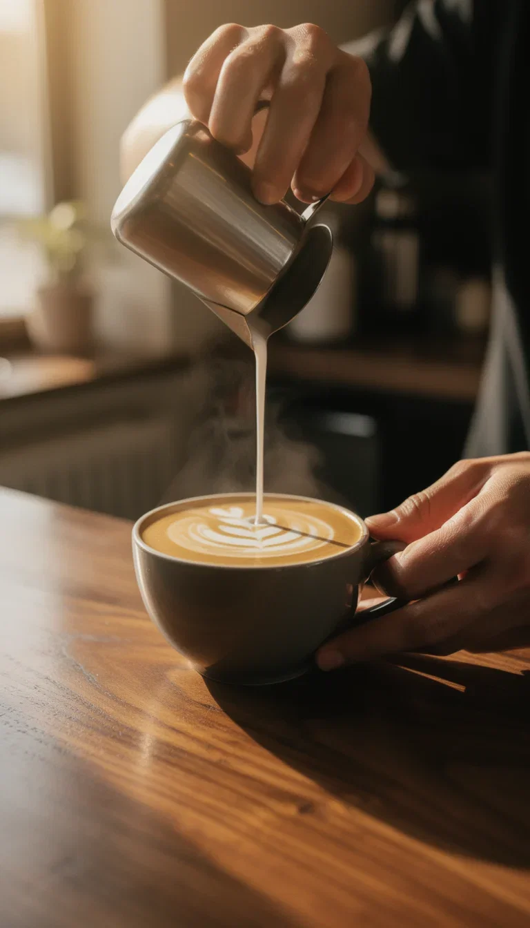 AI-generated cafe reel frame of latte art being poured in warm morning light, made on FluxoKit
