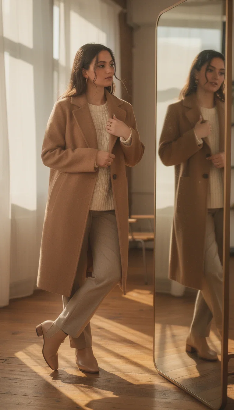 AI-generated fashion reel frame of a woman checking her outfit in a sunlit loft mirror, made on FluxoKit