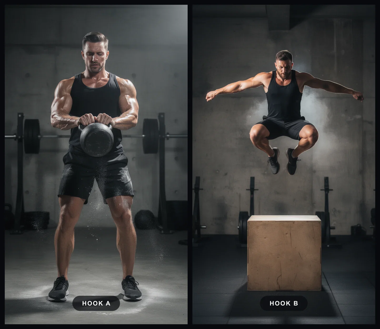 Diptych comparing two AI-generated alternate hook frames for the same fitness reel, made on FluxoKit
