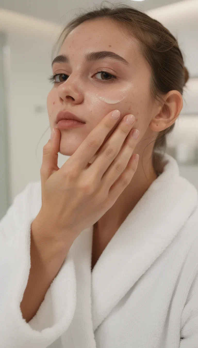 AI-generated get-ready-with-me reel frame of a woman applying serum in bright bathroom light, made on FluxoKit