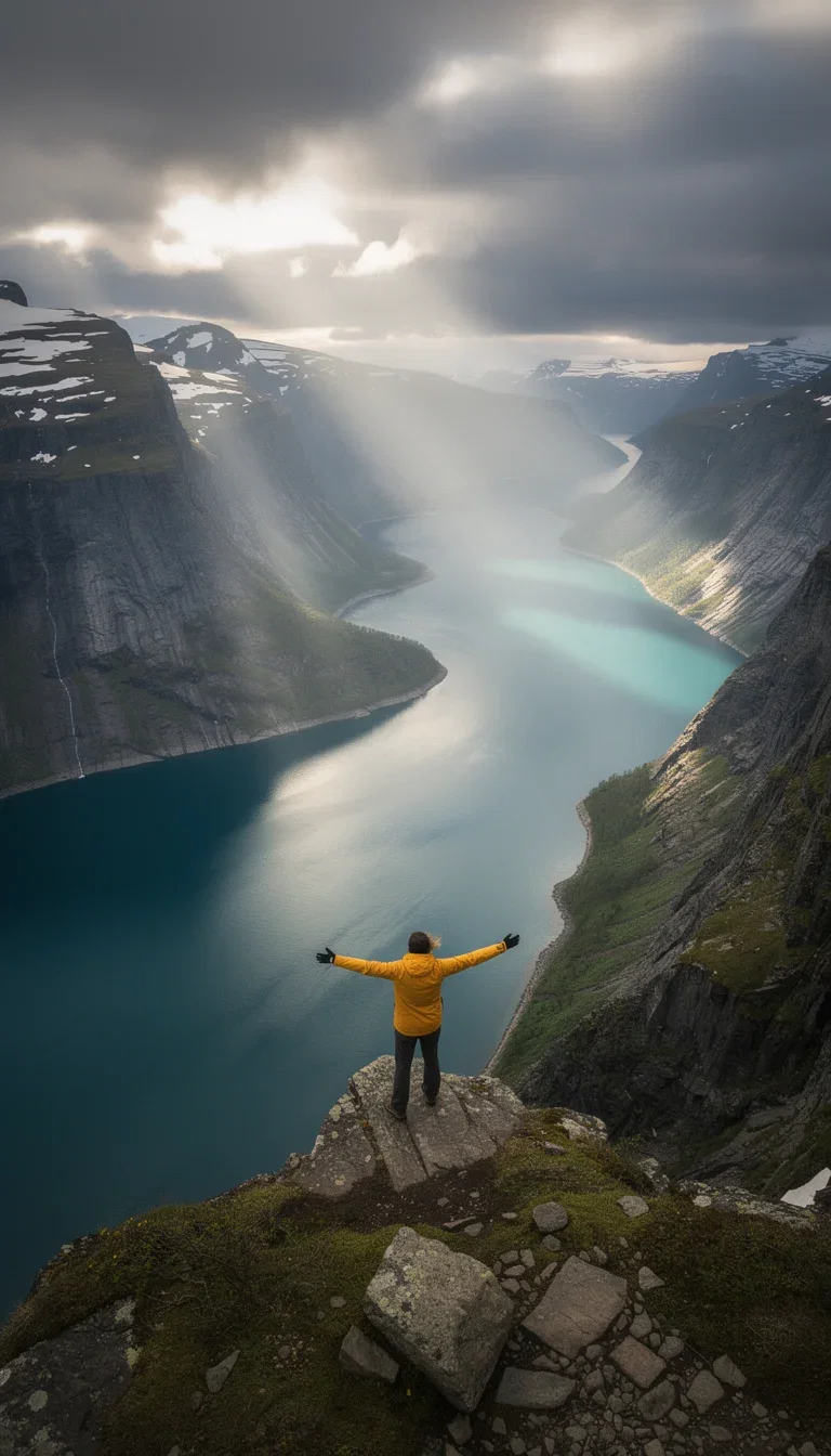 AI-generated travel reel frame of a hiker above a turquoise fjord with god rays, made on FluxoKit