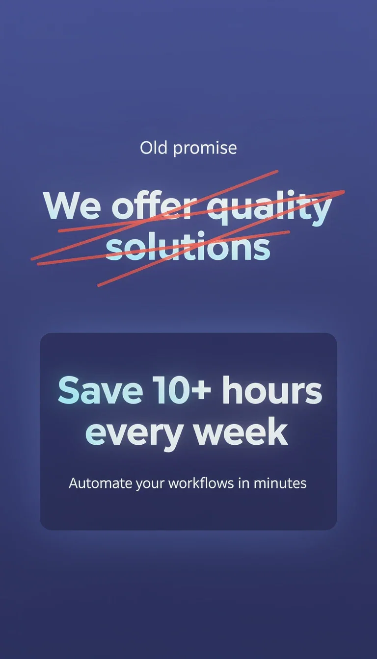 Comparison card crossing out we offer quality solutions in favor of a concrete time-saving claim, generated on FluxoKit