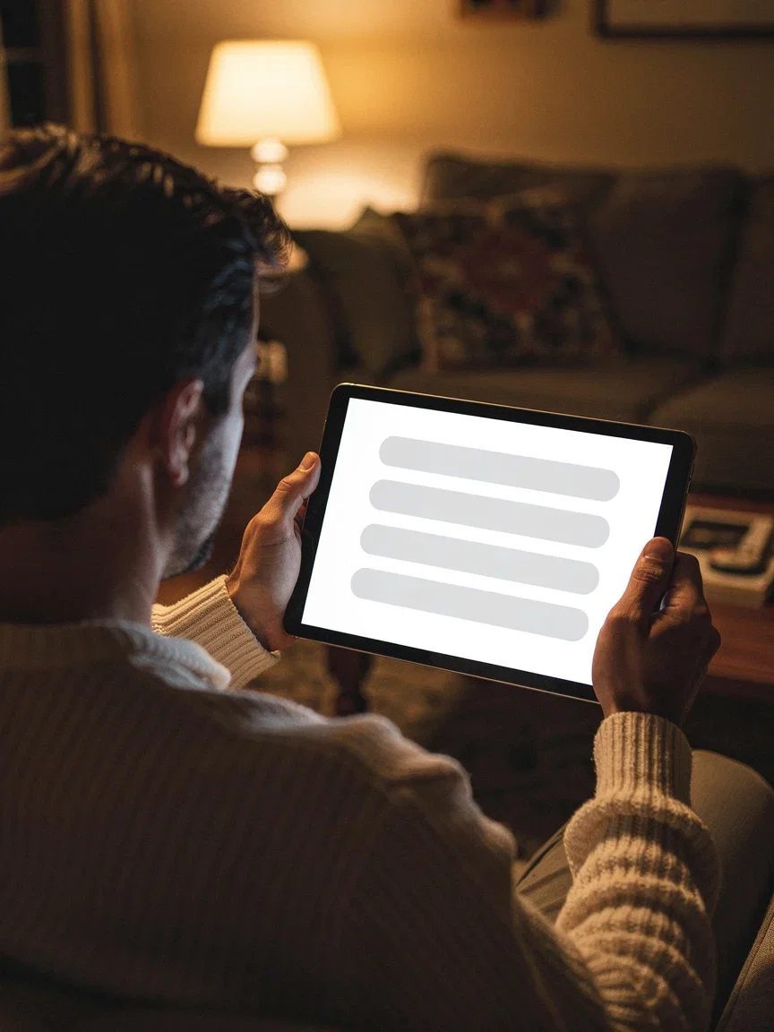Man reading a long-form sales letter mockup with placeholder text bars on a tablet at night, generated on FluxoKit