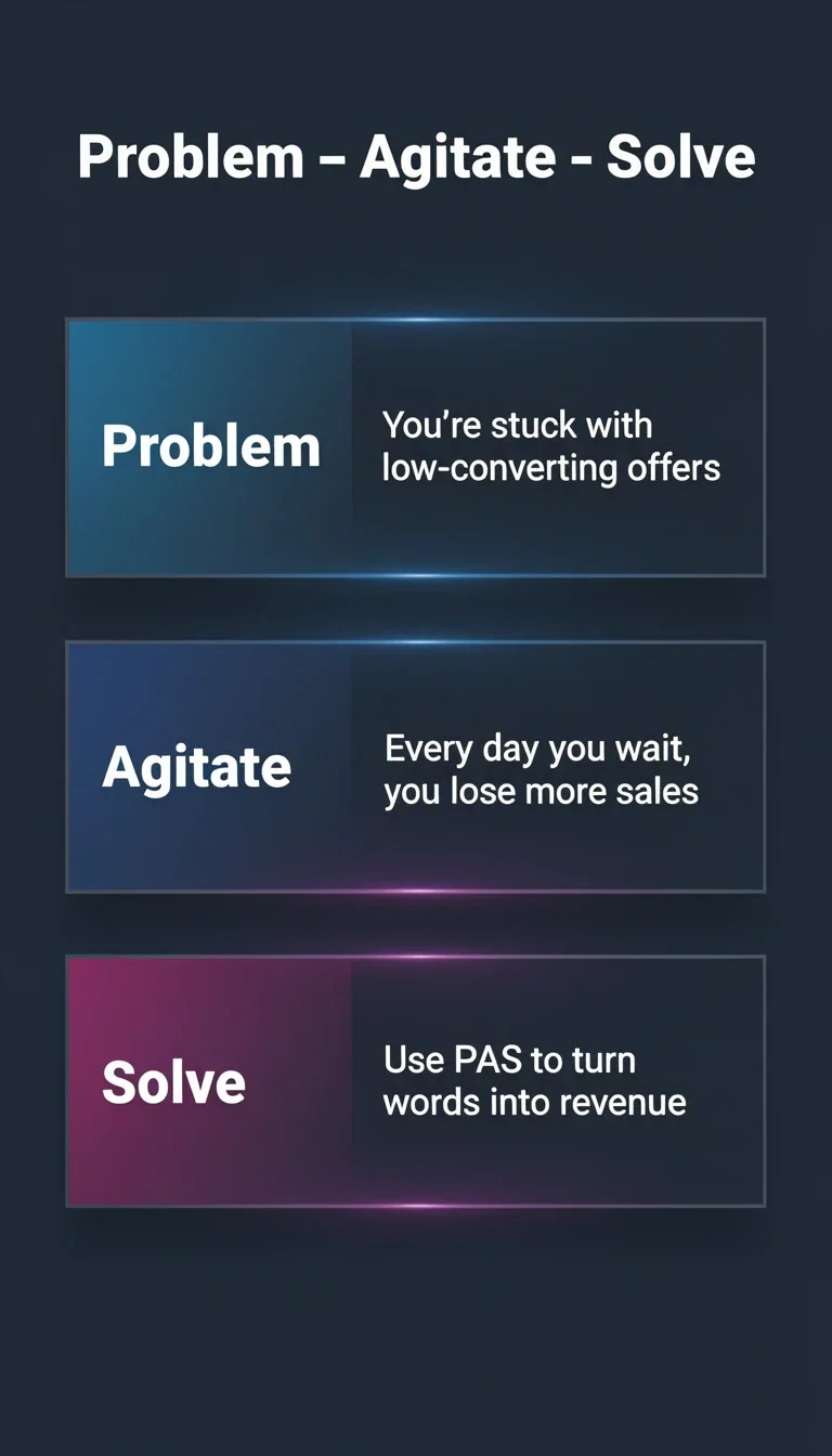 Card showing the problem agitate solve copywriting formula, generated on FluxoKit