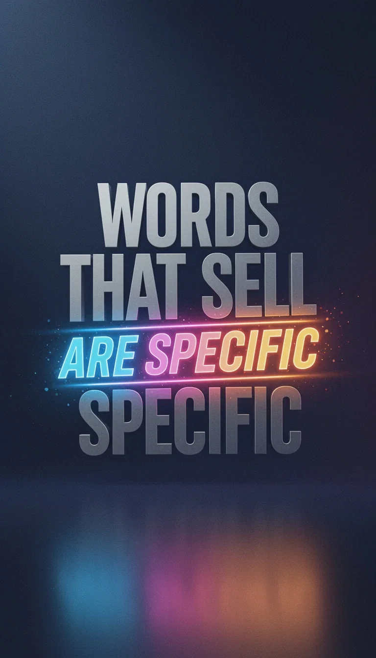 Editorial card reading words that sell are specific with a highlighted underline, generated on FluxoKit