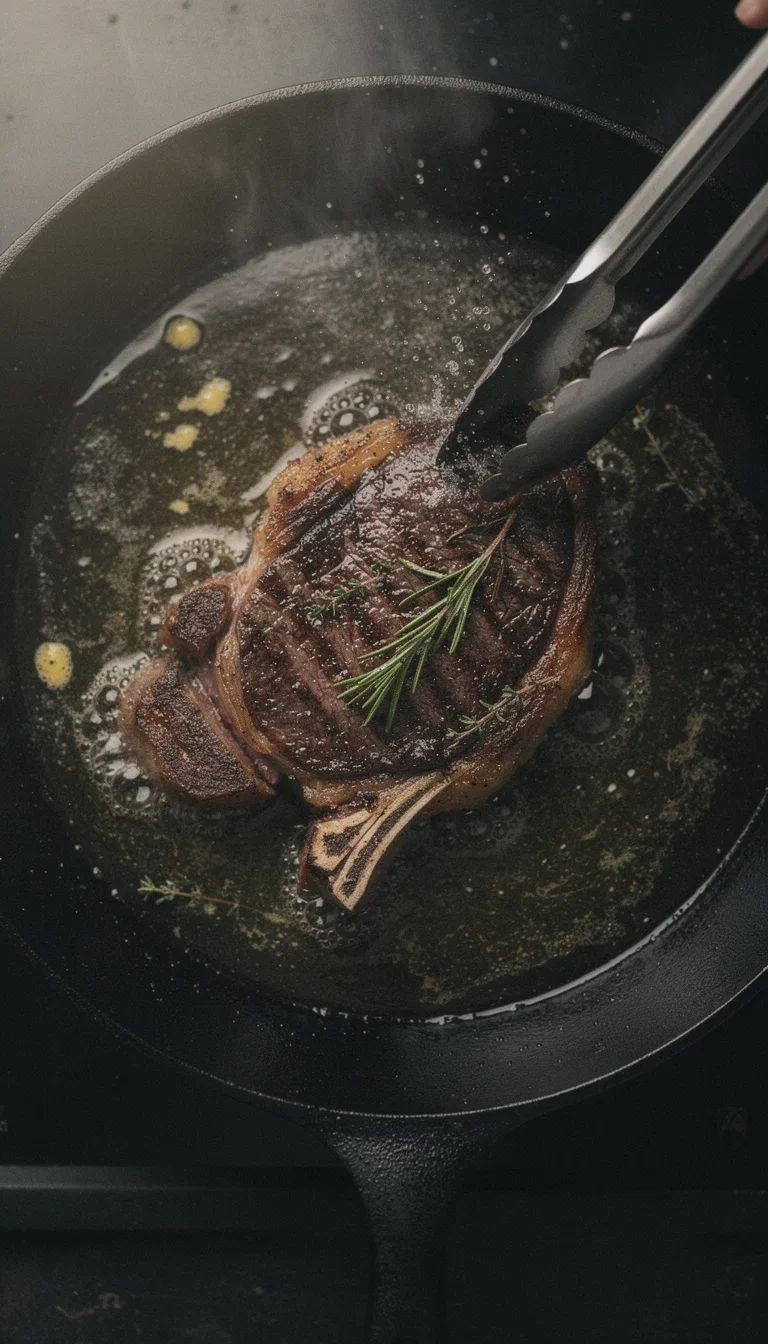 AI-generated cooking short frame of a steak searing in butter in a cast-iron pan, made on FluxoKit