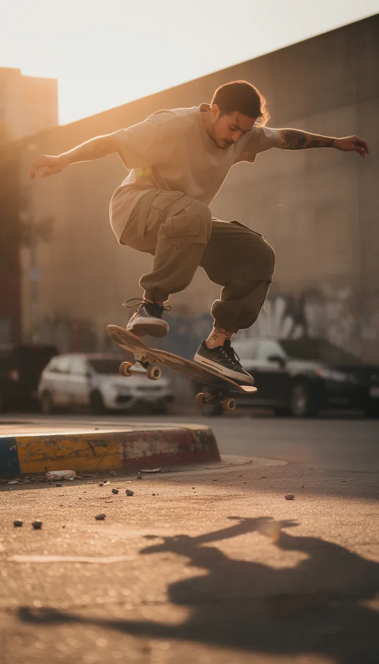 AI-generated street short frame of a skater mid-kickflip at golden hour, made on FluxoKit
