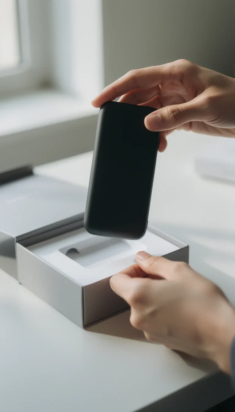 AI-generated tech unboxing short frame of hands lifting a matte gadget from minimal packaging, made on FluxoKit