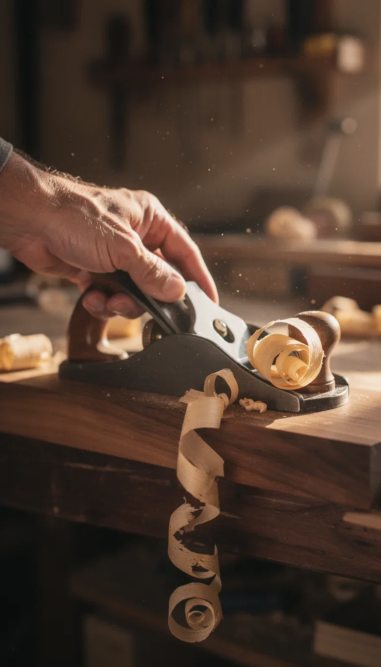 AI-generated maker short frame of hands planing walnut with golden shavings curling in workshop light, made on FluxoKit