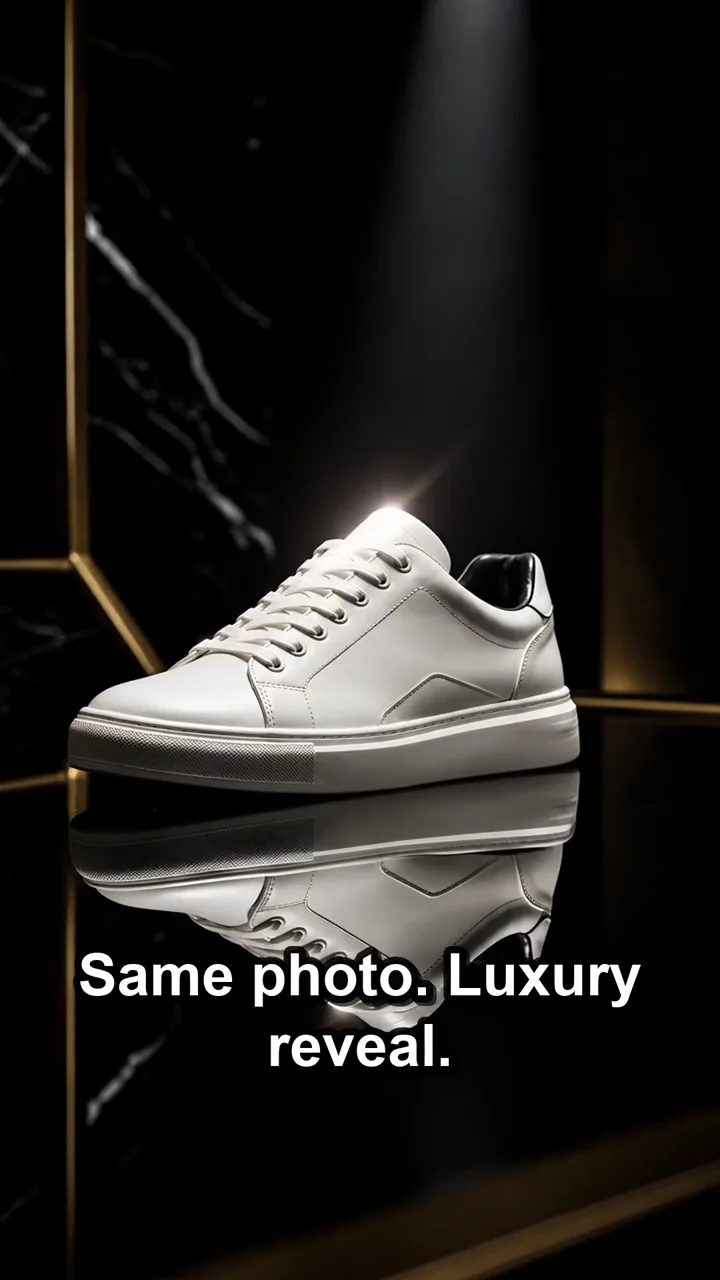 Transformation frame showing a product photo becoming studio footage in an AI short on FluxoKit