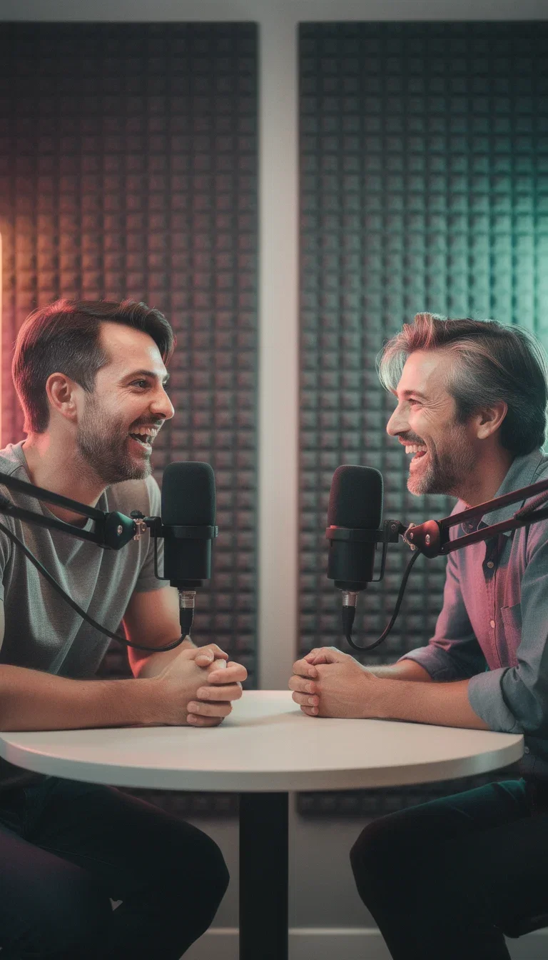 Two podcast hosts recording in a warm studio, a talking-head social content world generated on FluxoKit