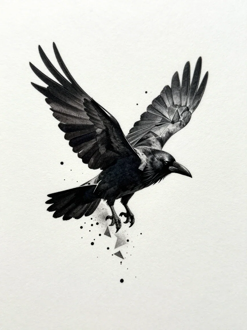 Dark blackwork tattoo design of a raven dissolving into geometric fragments, generated on FluxoKit