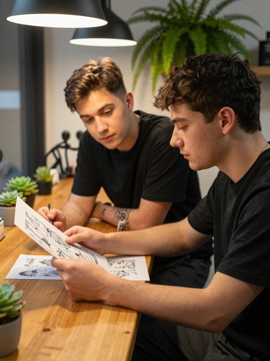 Tattoo artist and client reviewing printed design sheets at a studio counter, generated on FluxoKit