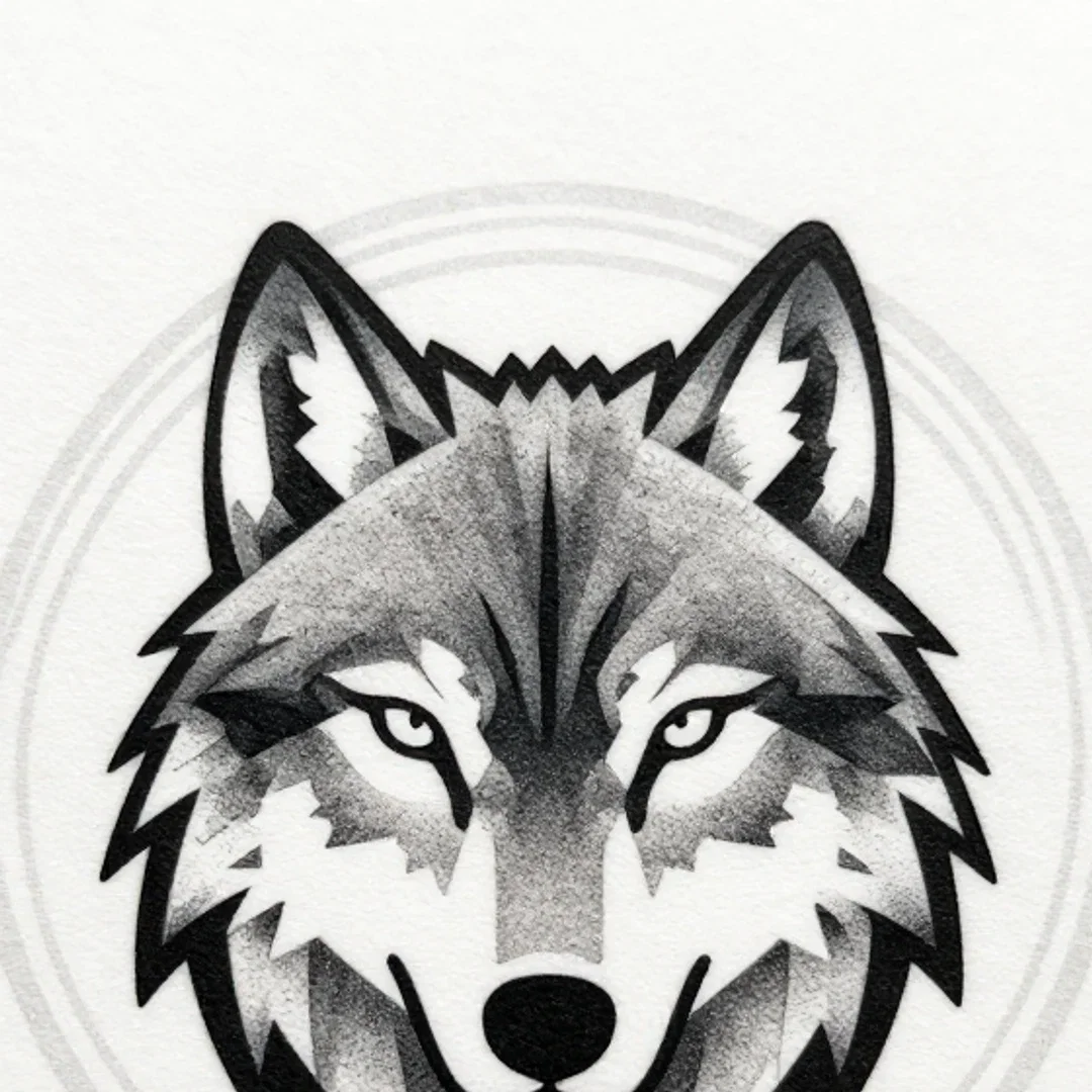 Close crop of the geometric wolf design's triangular facets and dotwork, generated on FluxoKit