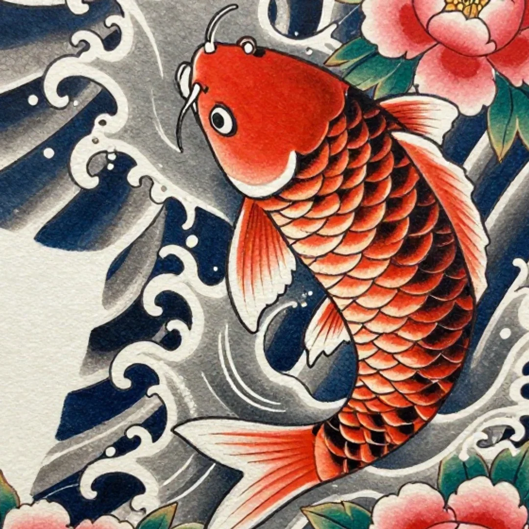 Close crop of the koi design's scales, waves, and peonies, generated on FluxoKit