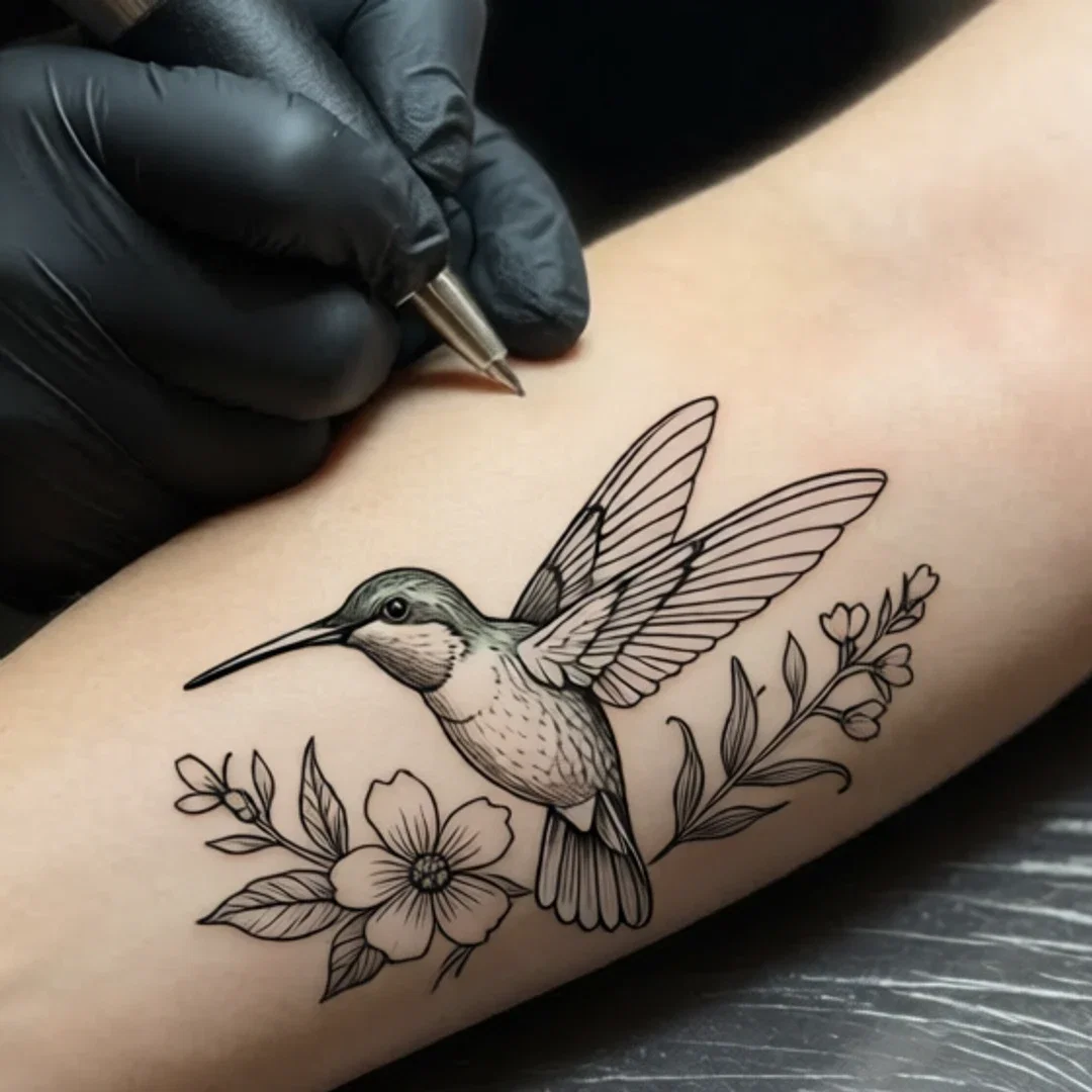 Close crop of the placed fine-line tattoo showing ink sitting on real skin texture, edited on FluxoKit