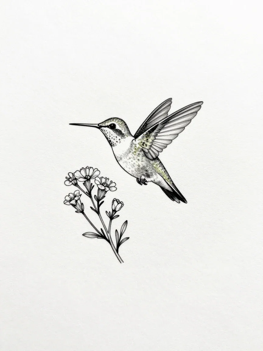 Fine-line hummingbird and wildflower tattoo design generated on FluxoKit