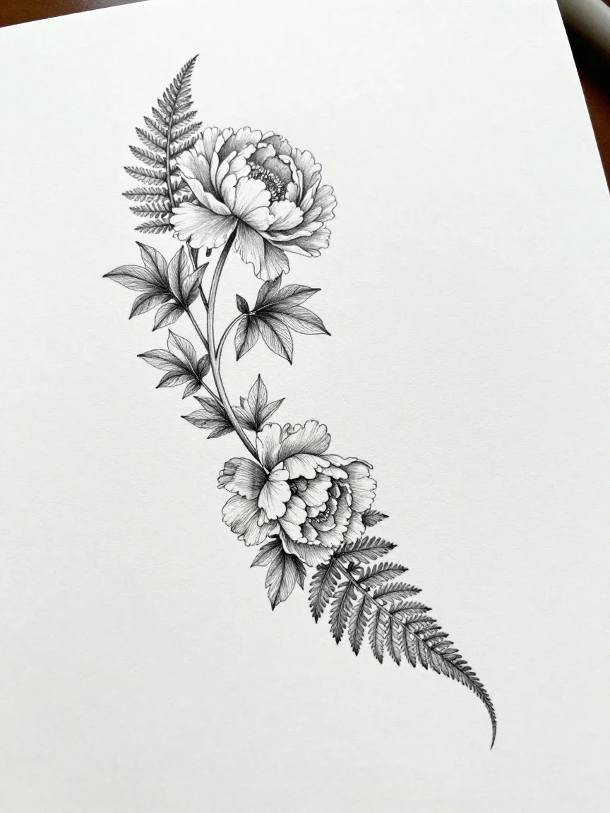 Botanical tattoo design of peonies and ferns flowing in an S-curve, generated on FluxoKit