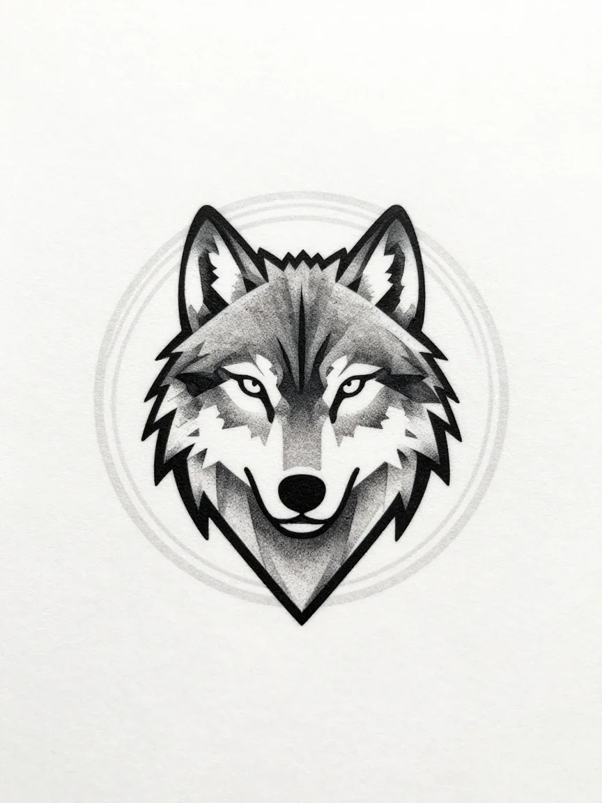 Geometric blackwork tattoo design of a wolf head in triangular facets with dotwork, generated on FluxoKit