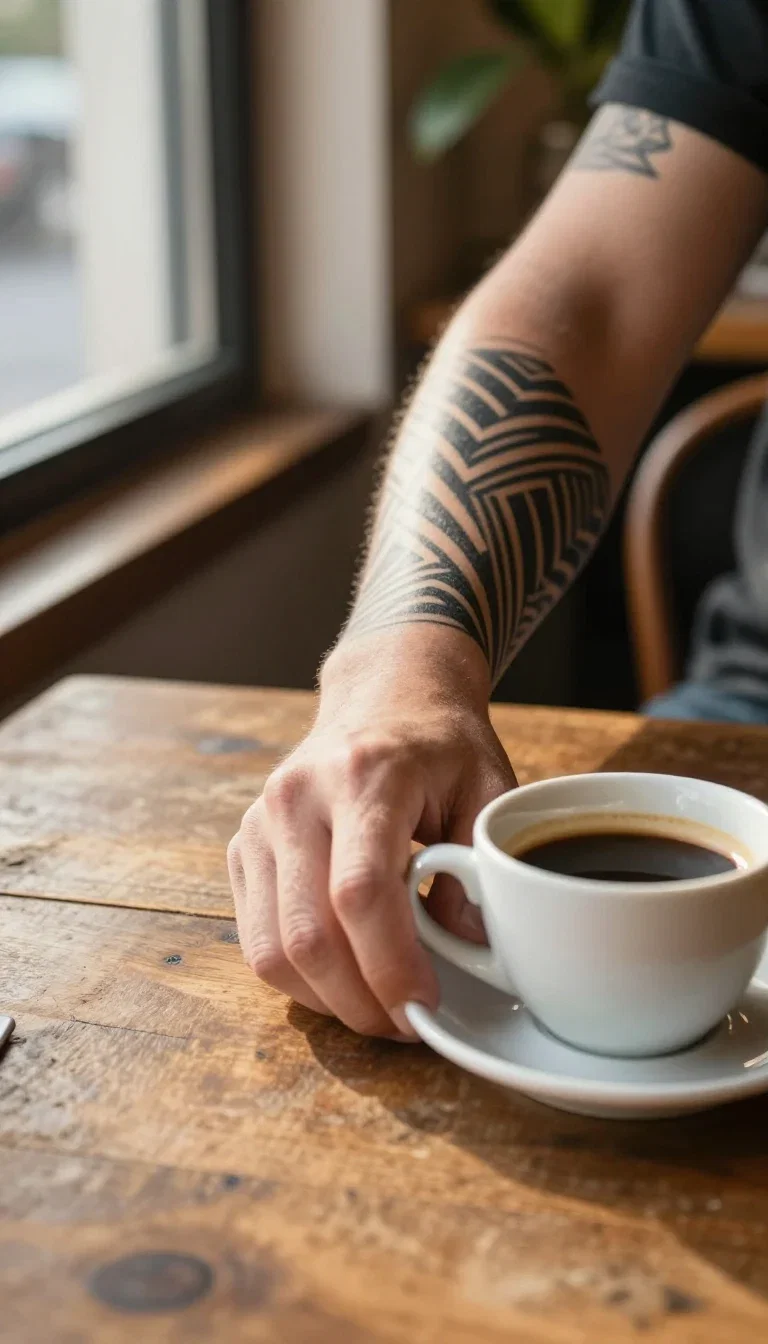 Tattooed forearm with healed geometric blackwork reaching for a coffee cup, generated on FluxoKit