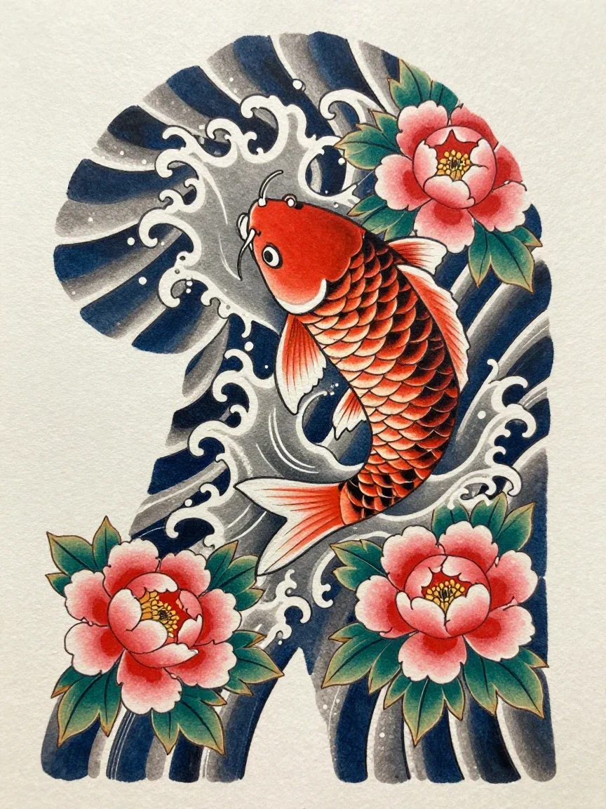 Japanese irezumi tattoo design of a koi fish in waves with peonies, generated on FluxoKit