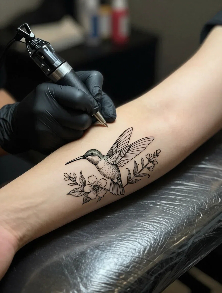 The fine-line hummingbird design shown freshly placed on a forearm in the tattoo studio, edited on FluxoKit