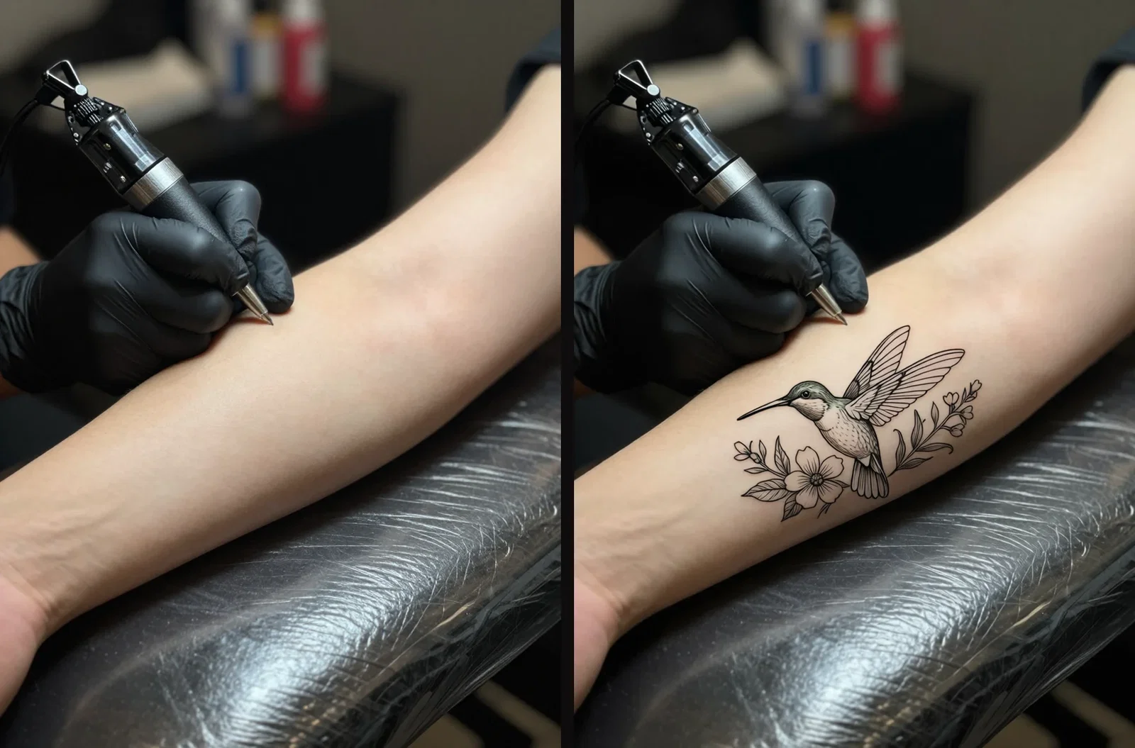 Side by side: a bare forearm in a tattoo studio and the same forearm with the fine-line hummingbird design placed on the skin by an edit engine on FluxoKit