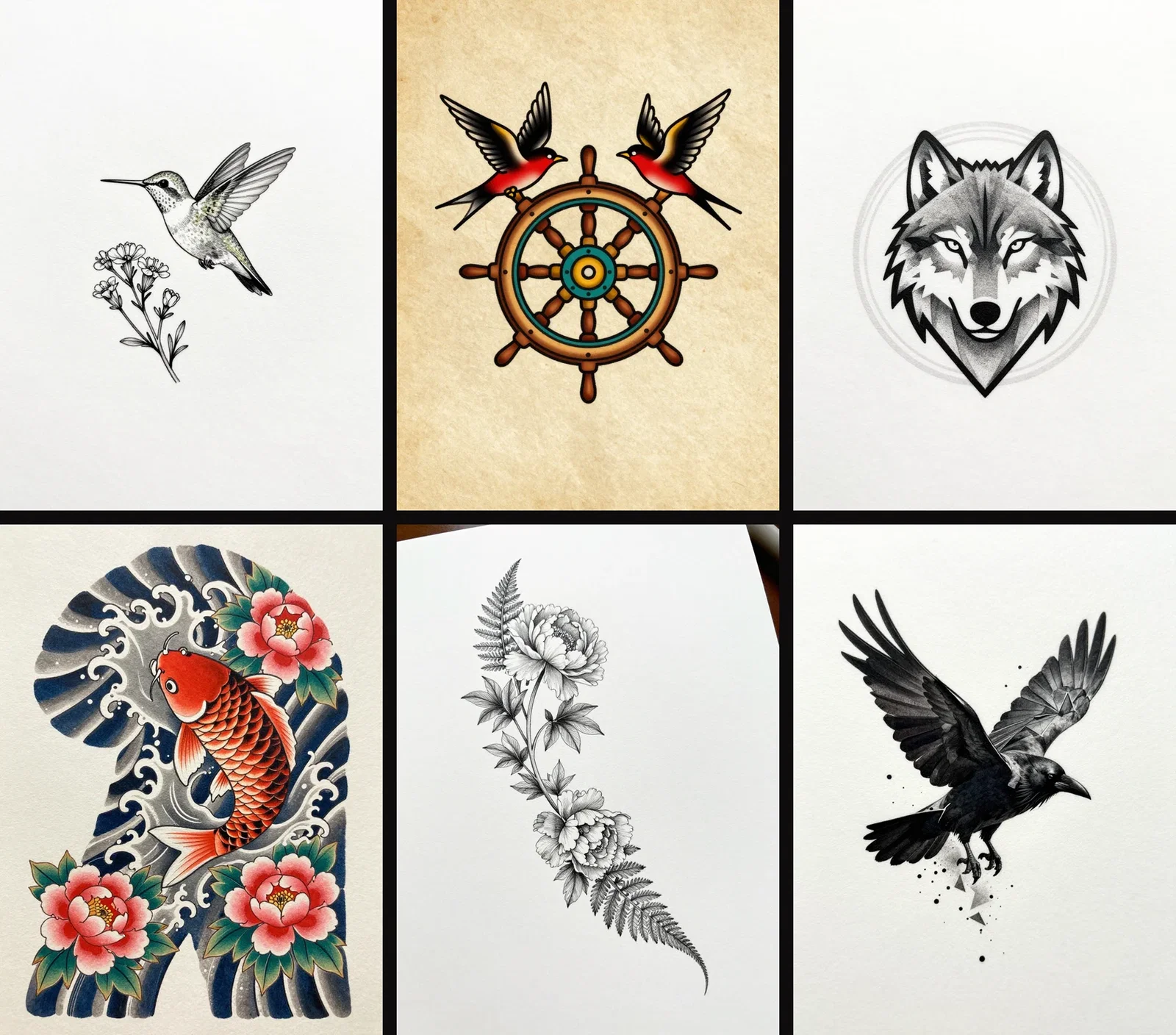 Grid of six tattoo designs generated on FluxoKit: fine-line hummingbird, traditional ship's wheel, geometric wolf, Japanese koi, botanical flow, and blackwork raven