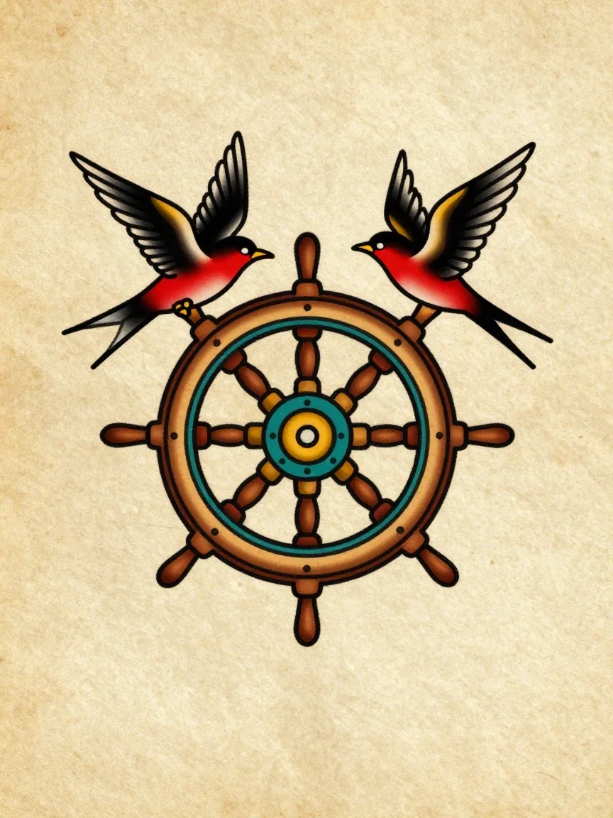 American traditional tattoo flash of a ship's wheel with two swallows, generated on FluxoKit