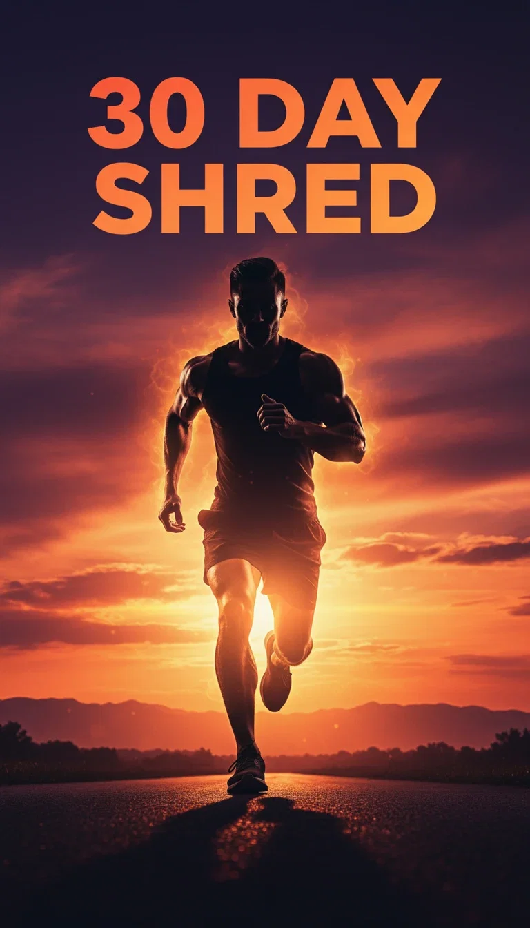 Fitness thumbnail of an athlete silhouetted against a sunset with bold text 30 DAY SHRED, generated on FluxoKit