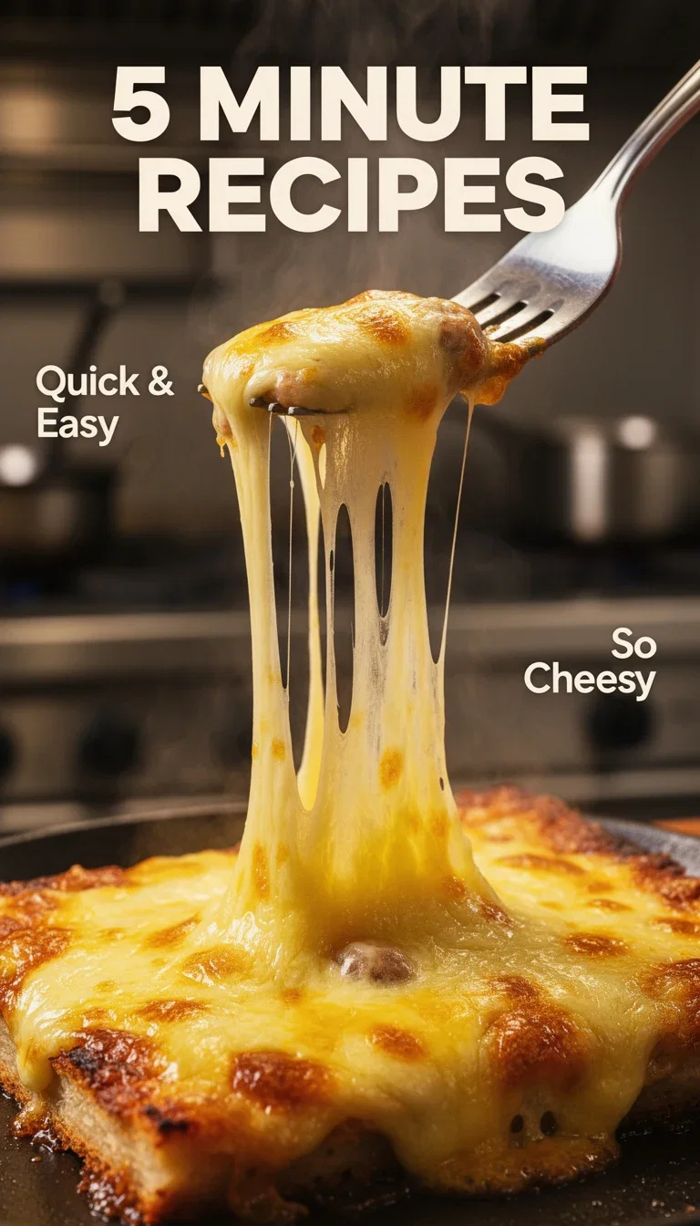 Cooking thumbnail with an extreme close-up cheese pull and text 5 MINUTE RECIPES, generated on FluxoKit
