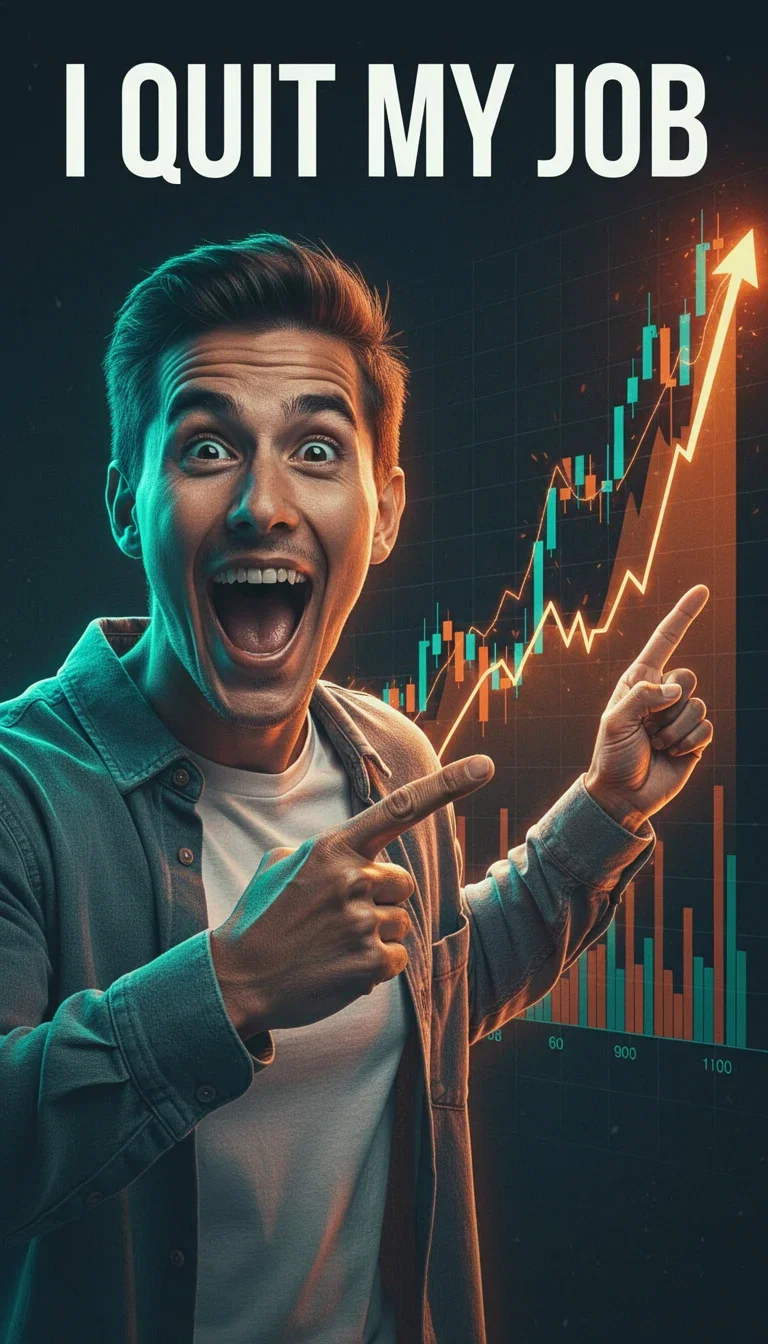 YouTube thumbnail of an excited man pointing at a rising chart with bold text I QUIT MY JOB, generated on FluxoKit