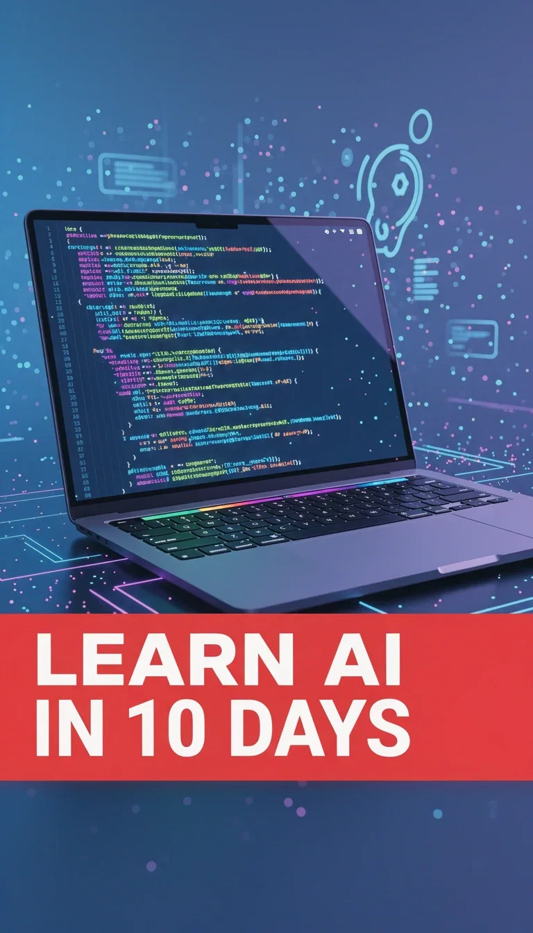 Tech tutorial thumbnail with a laptop of colorful code and text LEARN AI IN 10 DAYS on a red banner, generated on FluxoKit