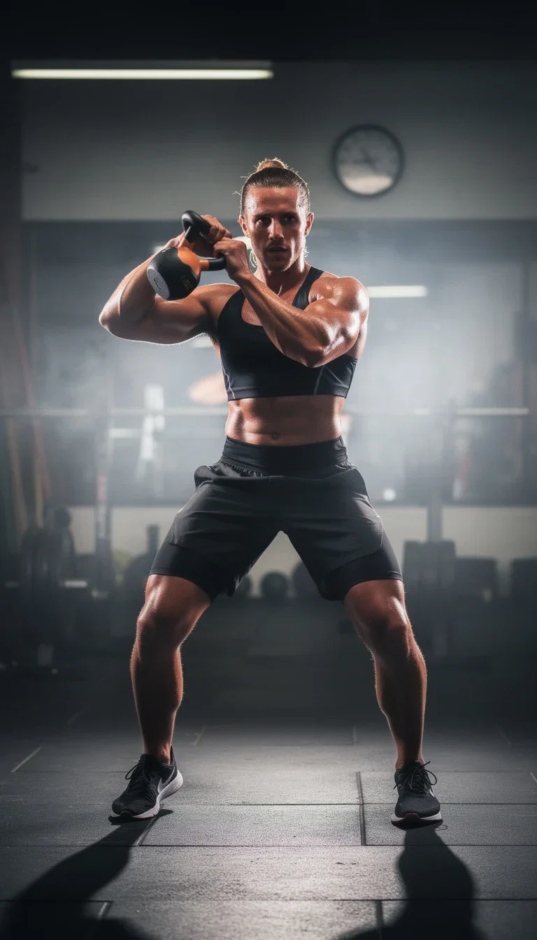 Dramatic kettlebell training frame for fitness TikTok content, generated on FluxoKit