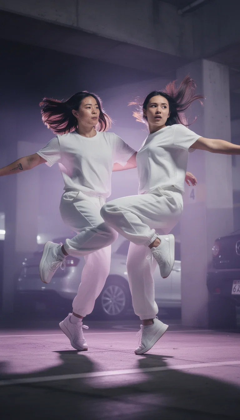 Two dancers mid-synchronized move in a violet-lit parking garage, a TikTok dance frame generated on FluxoKit