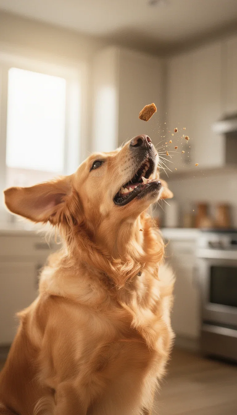 A golden retriever catching a treat mid-air in a bright kitchen, a TikTok pet-content frame generated on FluxoKit