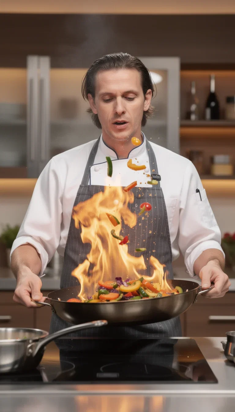 Chef tossing a flaming wok in a dark kitchen, a scripted scene rendered as a frame on FluxoKit